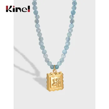 

Kinel 925 Sterling Silver Flower Pendant Neckelace For Women 14K Gold Plated Sea Sapphire Fine Chain Jewelry