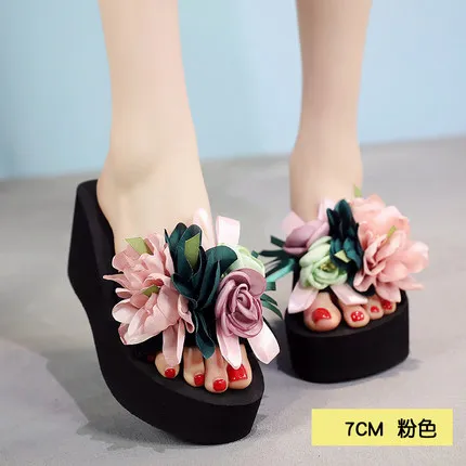 pink flower Новое поступление; женские шлепанцы; сандалии-Вьетнамки; женская пляжная обувь с цветком; коллекция года; модные уличные шлепанцы на плоской подошве с цветочным узором - Цвет: pink flower