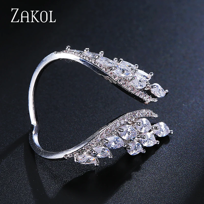 ZAKOL Европейский стиль белый цвет крыло Открытые Кольца ослепительный Кристалл Циркон модное кольцо на палец для женщин Свадебные украшения FSRP188