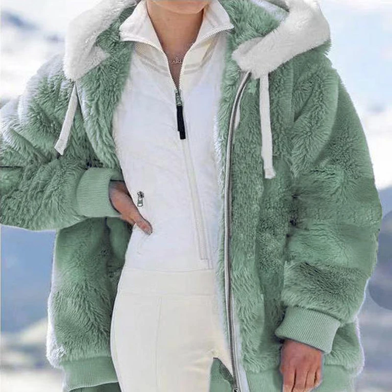 Winter Women's Jacket Plush S-5XL Zipper Pocket Hooded Jacket Fur Woman Coat Plus Size Thick Warm Women Top Winter Outerwear NEW