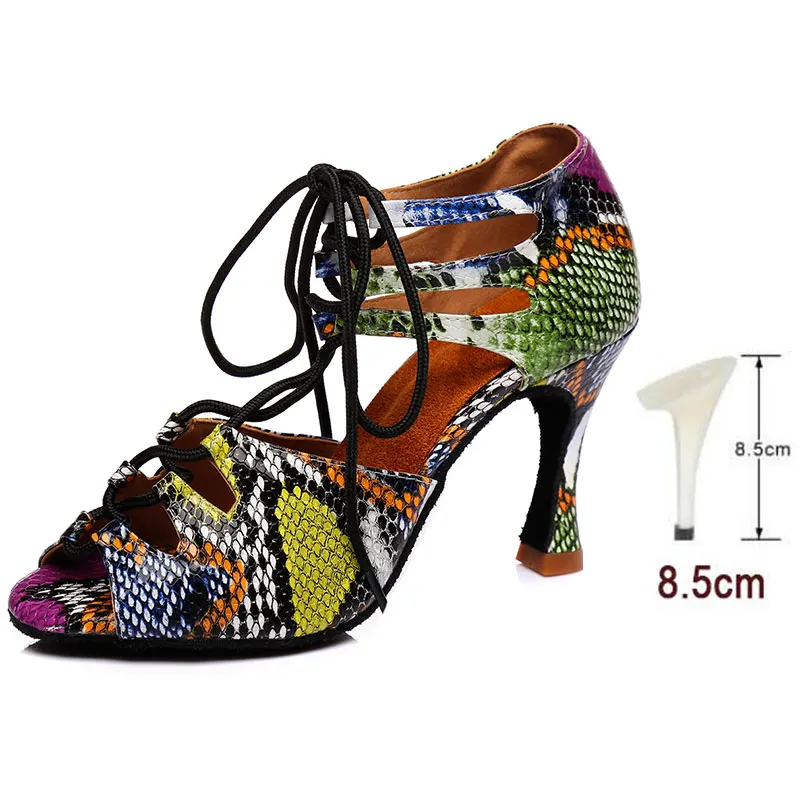 HROYL Для женщин Латинская танцевальная обувь для женщин и девушек женская Танго танцевальные сандалии Сальса из змеиной кожи; пикантные вечерние туфли на высоком каблуке 6/7. 5/8. 5/10 см - Color: Multicolour  8.5CM