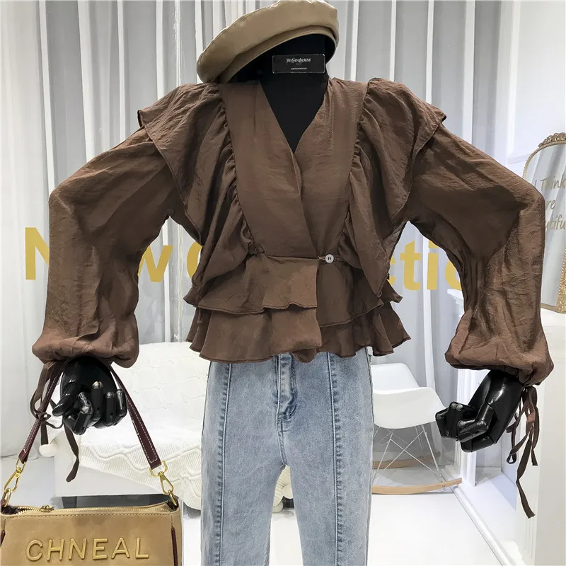 

Nancylim Womens Tops and Blouses 2020 Spring New Sweet Temperament V-neck Flounced Chiffon Blouse Cropped Top Ladies Shirt