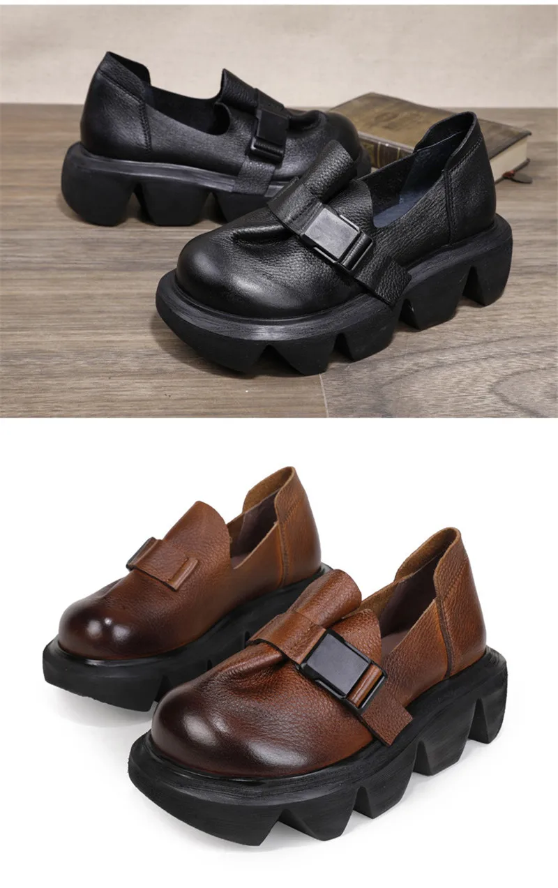 2020 Thick-Soled Platform Wedges High Heel Shoes Women Creepers Retro Genuine Leather Buckle Handmade Pumps Women Harajuku Shoes (4)