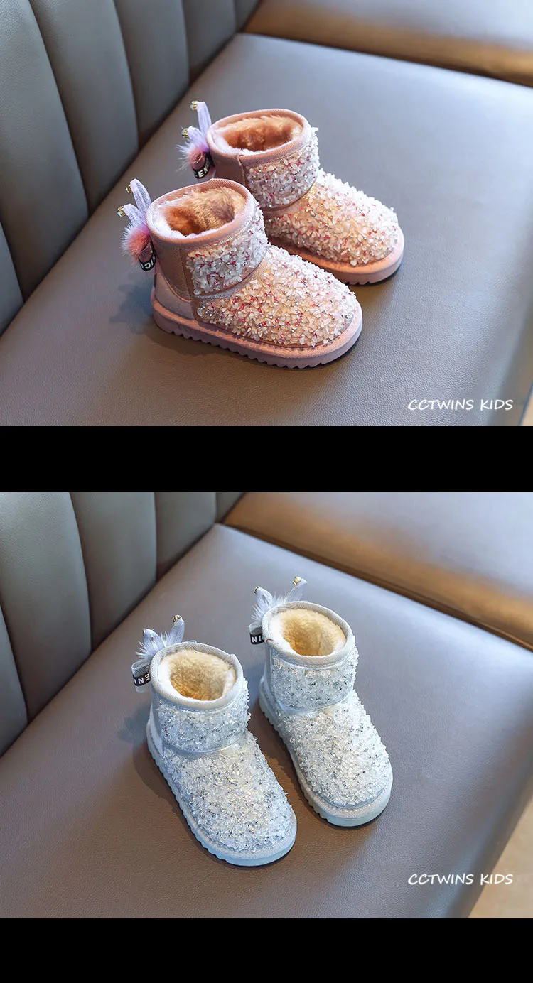 CCTWINS обувь для детей зимние детские модные зимние ботинки для детей Ботильоны со стразами для девочек; брендовая теплая обувь черного цвета SNB052
