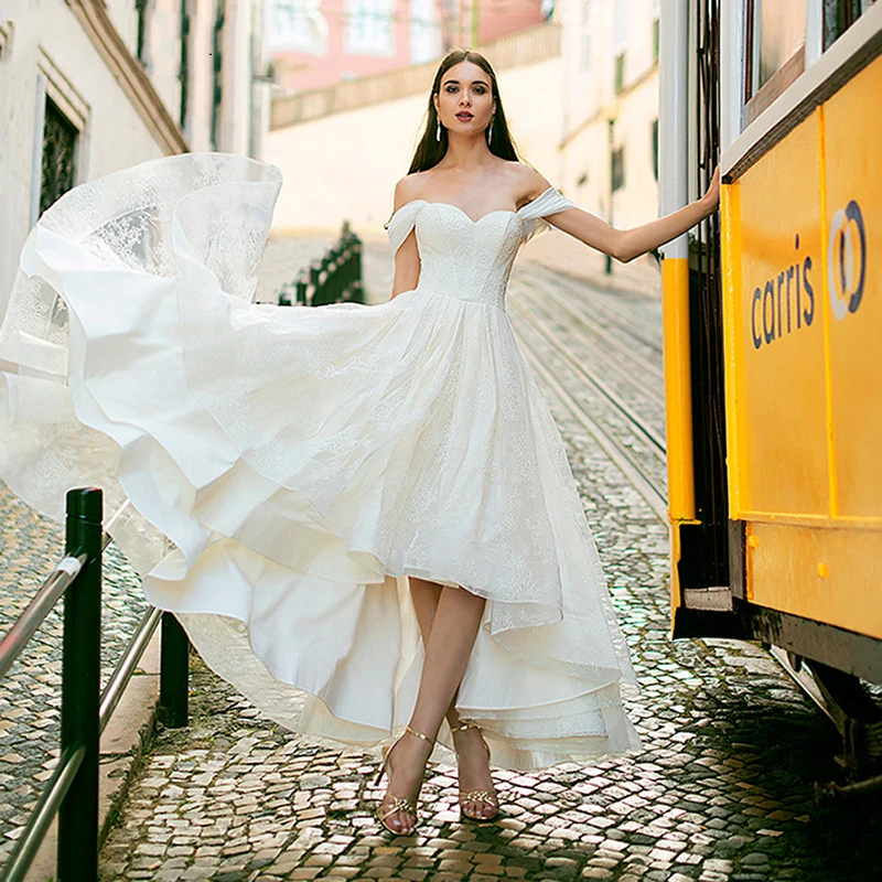 

Romantic High Low Lace Wedding Dresses Off The Shoulder Boho Bride Gowns Robe De Mariee Corset Wedding Gowns Custom Made