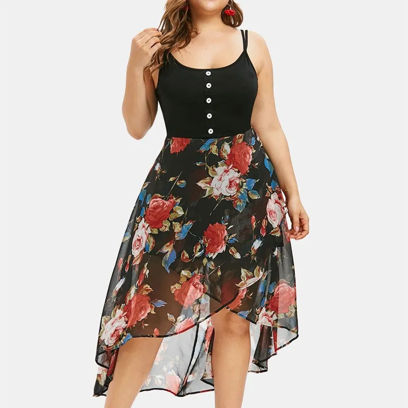 Mooie Spaghetti Band Plus Size Jurk Asymmetrische Maxi Gebloemde Jurk Bohemian Chiffon Zomer Jurk Mooie Spaghetti Band Plus Size Jurk Asymmetrische Maxi Gebloemde Jurk Bohemian Chiffon Zomer Jurk