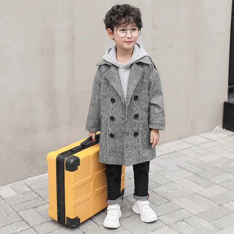 Thicken Autumn Winter Boys Plaid Woolen Blends Coat Children's Long Wool Double-breasted Jacket Windbreaker Kids Winter Overcoat