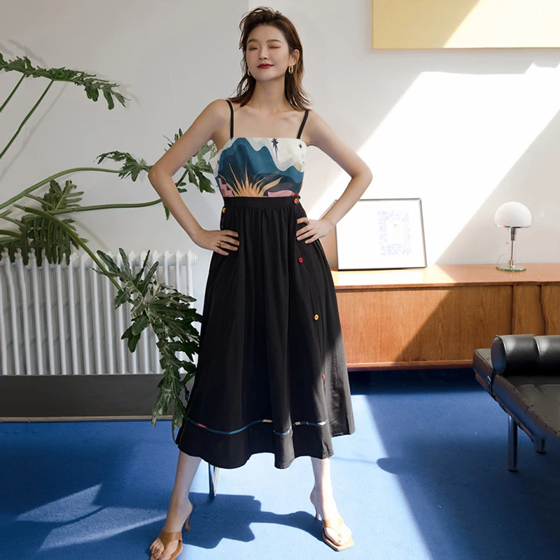 [EAM] Women Black Pattern Printed Long Spaghetti Strap Dress New Sleeveless Loose Fit Fashion Tide Spring Summer 2020 1DA358