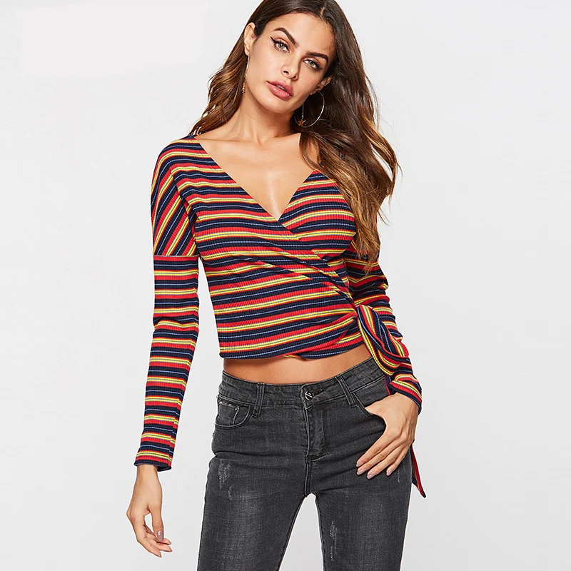 

Womens Crop Tops t-shirt Striped Long Sleeve Sexy Tie Up Crop Top V-neck Woman tshirt Short Top T Shirt Femme Tee Shirt Oversize