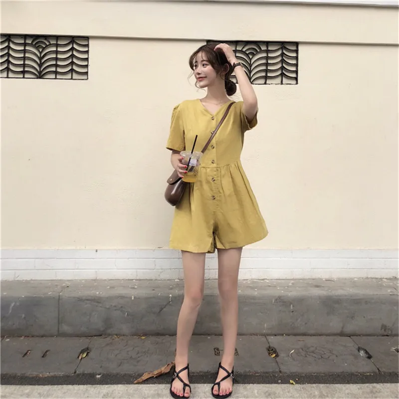 Lychee Винтаж выше колена женские сиамские брюки v-образным вырезом сплошной цвет летние женские сиамские брюки с коротким рукавом женские брюки