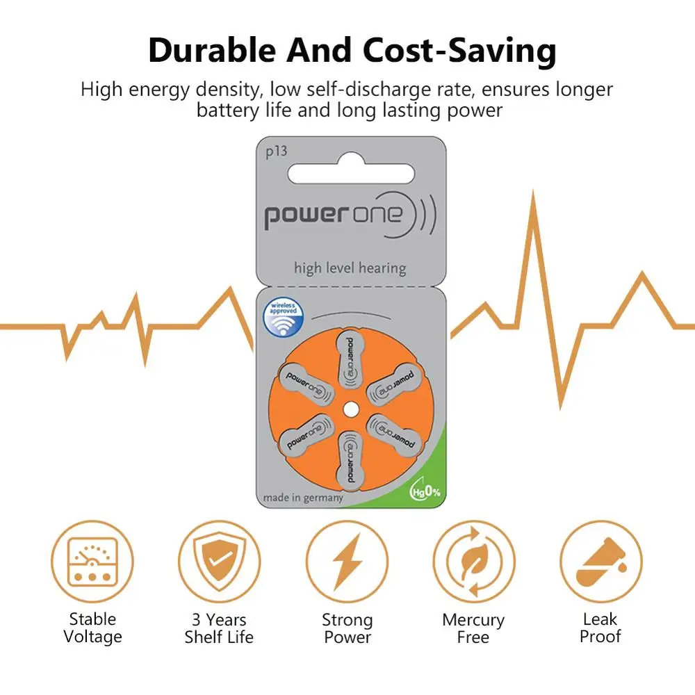 Hearing Aid Batteries Size 13 za Power one,Pack of 6,Orange Tab PR48 1.45V Type A13 AU-6nh Zinc Air Battery p13  with Box Case