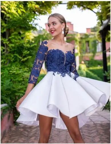 Королевское синее коктейльное платье, из прозрачной ткани платье с кружевными аппликациями по всей длине рукава оборками Мини Короткая Встреча выпускников/корпоративы Выпускной платье