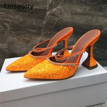 

Sexy Orange Sequined Cloth Party Shoes Woman Jeweled One-strap Pointed Toe Unique Goblet Heel Runway Slippers Women