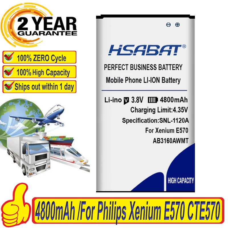 100% Оригинальный HSABAT 4800 мАч AB3160AWMT Аккумулятор для Philips Xenium E570 CTE570|Аккумуляторы
