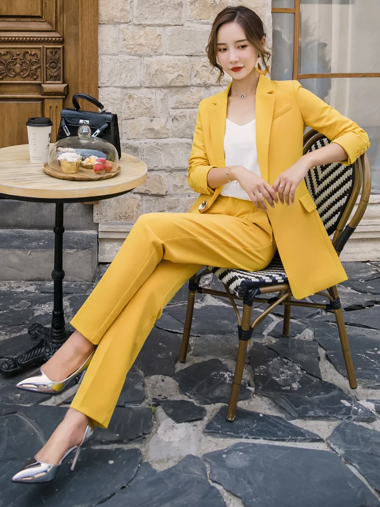 Женский желтый костюм, пиджак, деловой костюм, пиджак на одной пуговице, пиджак с карманами, деловой костюм+ брюки, костюм-двойка, брючный костюм для женщин