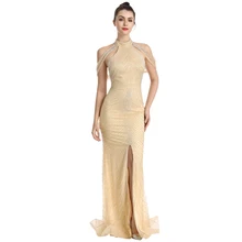 Sexy Backless Celebrity Dresses High Neck Beaded Front Split Luxurious Trumpt Robe De Beaded Sequins Evening Party Gowns ZD2001