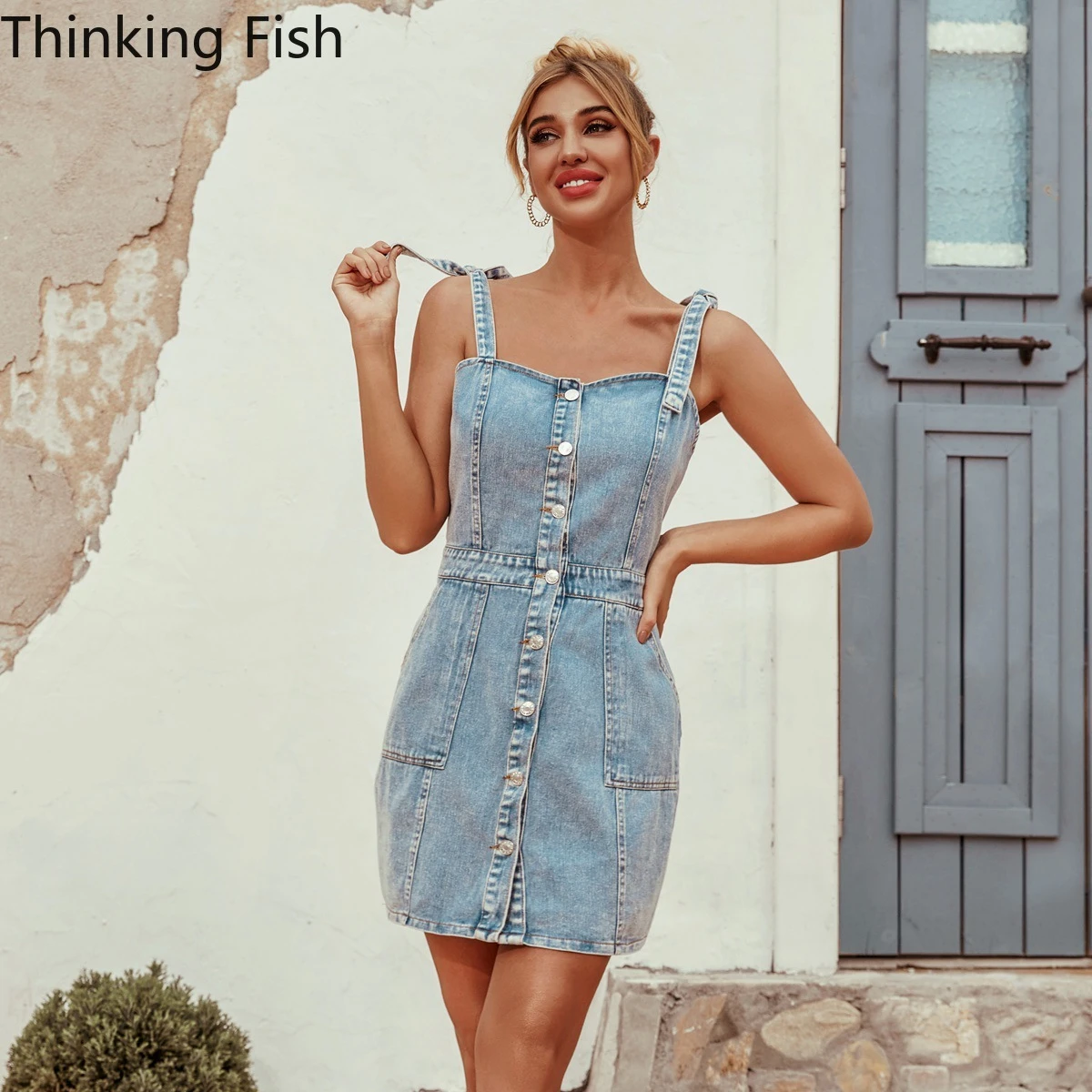 single breasted spaghetti strap denim dress