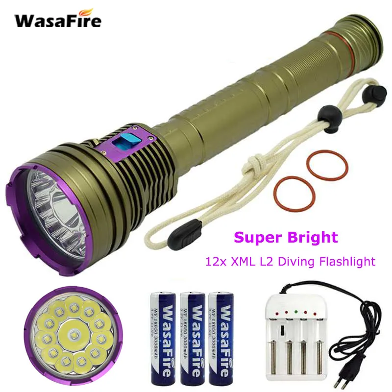 

Professional Led Scuba Diving Flashlight 12x L2 30000LM Waterproof 18650 Dive Torch Underwater 100M Hunting Lamp+Charger