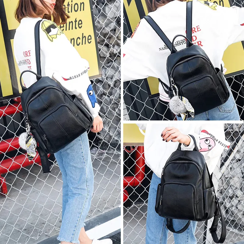 

New Style Leather Backpack WOMEN'S Bag New Style Full-grain Leather Simple Fashion Backpack Embossed Leather Backpack with Penda