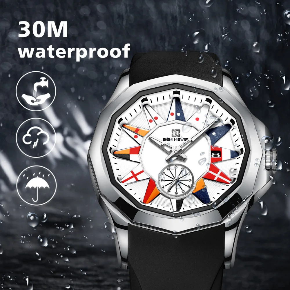 BEN NEVIS 2021 New Creative Nautical Flag Quartz Watch Men Calendar Military Sport Soft Silicone Strap Waterproof Clock Relogio