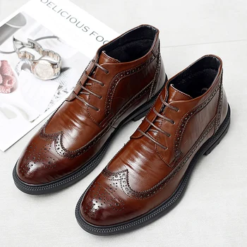 

men fashion wedding party dress brogue winter boots warm fur cow leather shoes carving bullock ankle boot snow bota zapatos male