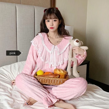 

MELIFELE Winter Kawaii Pink Pajama Set for Women 100% Velvet Atoff Home Soft Flannel Sleepwear Satin Silk Plush Female Nightwear