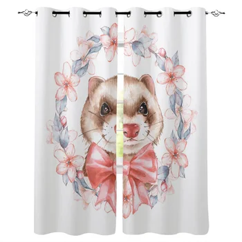 

Ferret Wreath Watercolor Painting Window Curtains Living Room Fabric Drapes Curtain Home Decor Curtains for Bedroom