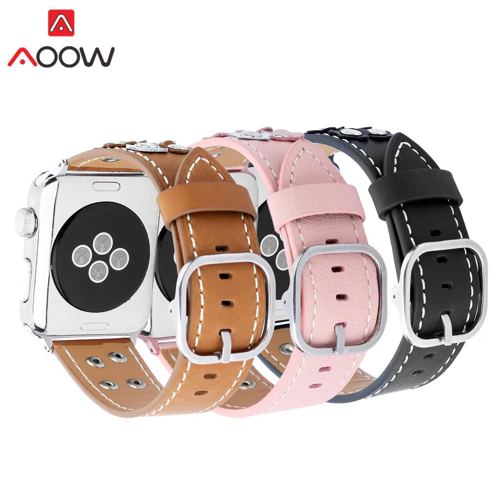Ремешок для часов из натуральной кожи для Apple Watch, 38 мм, 42 мм, с заклепками, украшенный цветами, для женщин и мужчин, для замены, для мужчин, ремешок для iwatch 1, 2, 3
