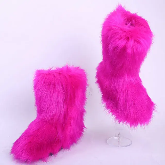 

Bootee Woman 2020 Faux Fox Fur Snow Boots Women Warm Shoes Female Ankle Boots Women Platform Botas Mujer White/Black Shoe34--46