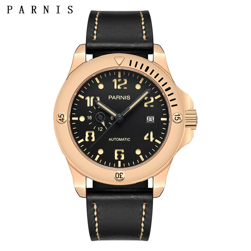 

Parnis 44mm Mechanical Men's Watches Rose Gold Case 100m Waterproof Luminous Automatic Movement Sapphire Crystal Men Watch