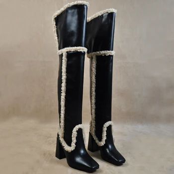 

HARAVAL Women Winter Over Knee High Boots Thick Heels Leather Shoes With Fur 8cm Wide Fit Fashion Mode Punk Lady Footwear E174L