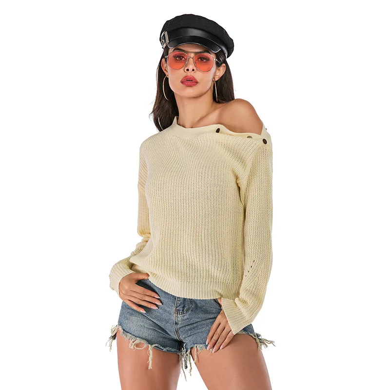 

Knitted Women's Sweater Slash Neck Collar Solid Color Pullover Clothes Off-Shoulder Blouse Plus Size Women Long Sleeve Button
