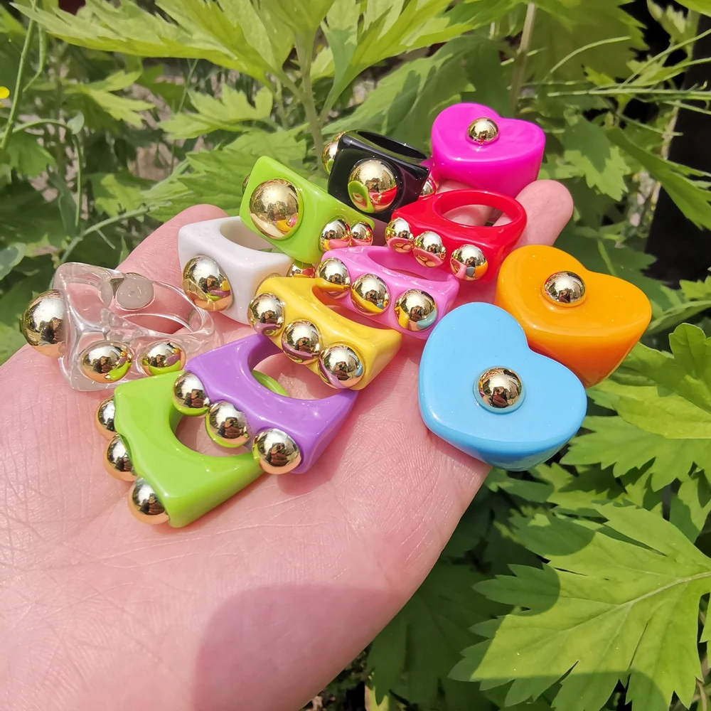 OUREX-Anillos geométricos grandes de resina para mujer, joyas de colores grandes, cuadrado, acrílico, cuentas doradas, joyería estética para fiesta