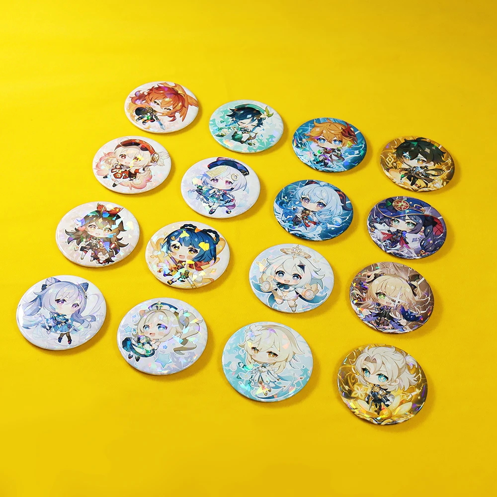 

Anime Genshin Impact New Glitter Badge Cosplay Xiao Ganyu Venti Diluc Albedo Zhongli Keqing Brooch Pin Cartoon Model Fans Gift