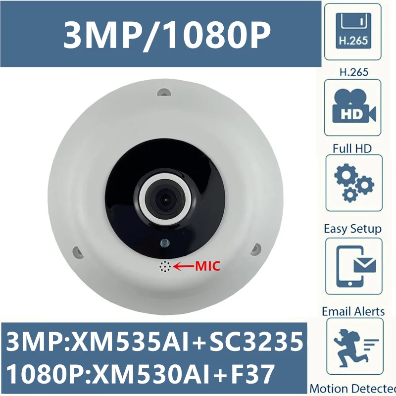 Рыбий глаз панорама 3MP 2MP IP потолочная купольная камера XM535AI + SC3235 2304*1296 XM530 F37 1080P H.265