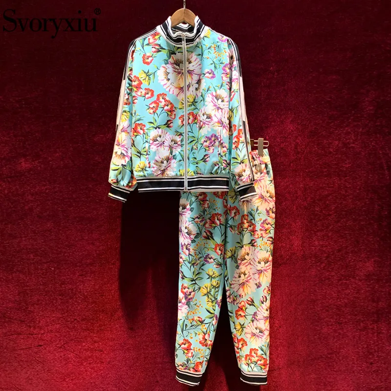 

Svoryxiu 2020 Autumn Winter Fashion Designer Two Piece Set Women's Long Sleeve Flower Print Coat + Pants Casual Suits