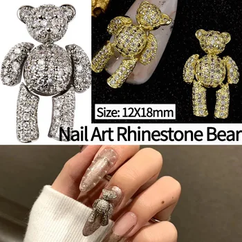 

New Rhinestone Bear Nail Ornaments Diamond Nail Decoration Golden Silver Teddy Bear Nail Art Decoration Accessories