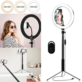 

10.2 Inch Dimmable LED Ring Video Light with Selfie Stick Tabletop Tripod Cell Phone Holder Kit for Makeup Photography