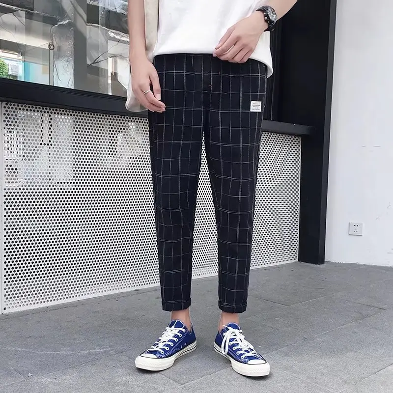 

2018 Summer New Style Men Casual Capri Plaid Skinny Pants Slim-Fit Teenager Students Hong Kong Style Harem Pants