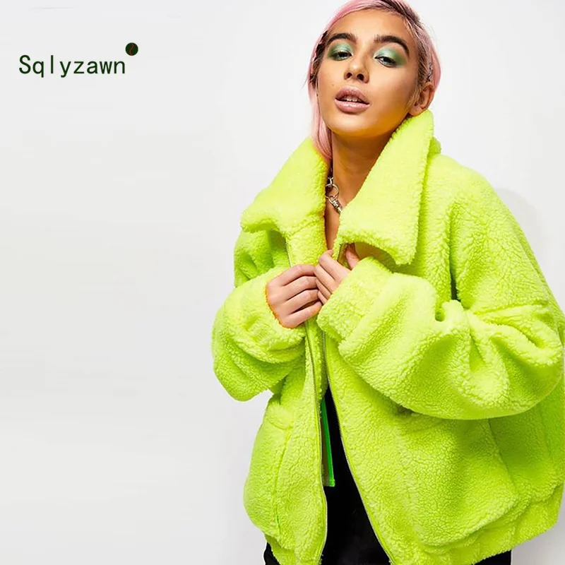 Неоново-зеленая флисовая куртка из искусственной овечьей шерсти, пальто для женщин, зимний плюш, теплый толстый овечий мех, плюшевый женский жакет в стиле кэжуал, пальто