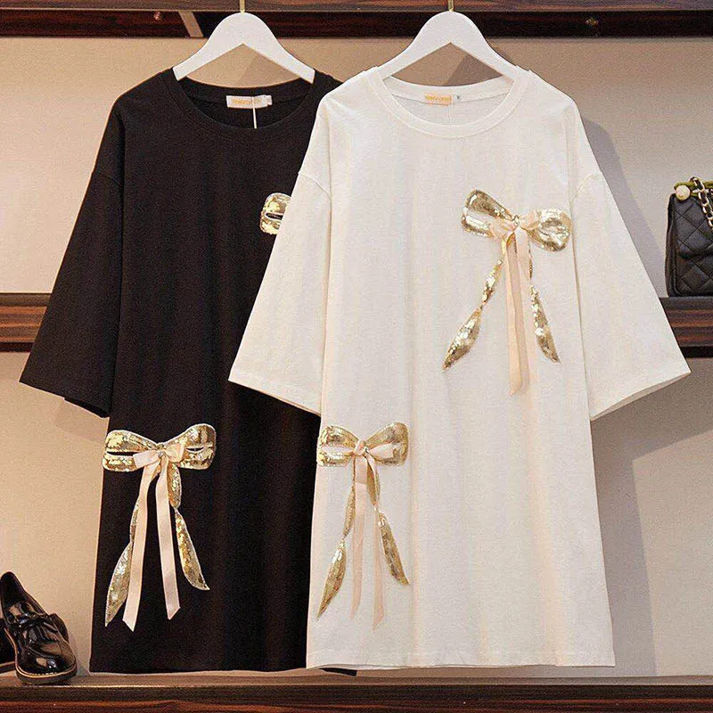 

Comfortable Cotton long Women short-sleeved sequin bow large size female T shirt S 6xl loose top 2019 summer withe balck