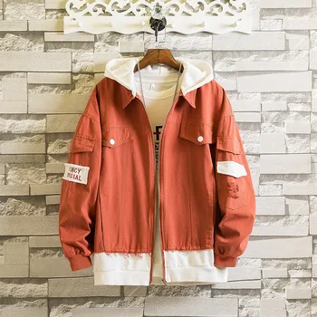 

2020 Spring New Men's Trend Youth Jacket Men's Casual Overalls Fake Two Solid Color Hooded Tops Preppy Style