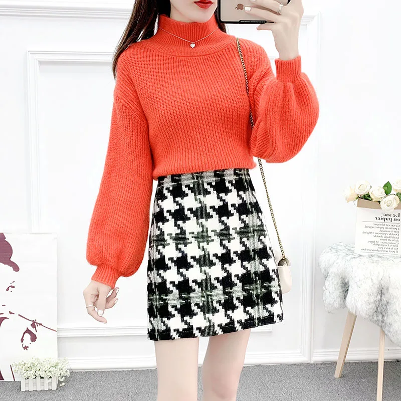 

thick winter fashion suits lantern sleeve turtleneck woolen cloth bust skirt two-piece outfit women knitwear top loose suit