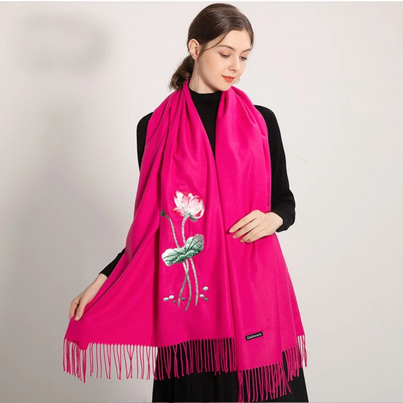 rose red Новые однотонные Для женщин Вышитый цветочный шарф из кашемира пашмины шаль зимние теплые длинные шарфы и палантины - Цвет: rose red