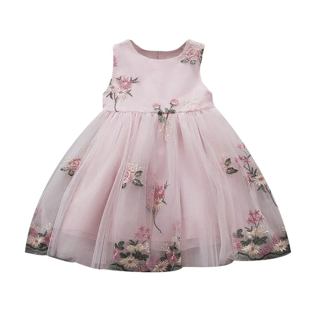 Платье принцессы из тюля без рукавов с вышитыми цветами для маленьких девочек вечерние платья свадебная одежда для девочек HOOLER - Цвет: Pink