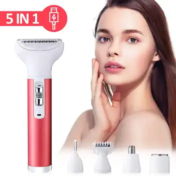 

5-in-1 Woman Body Facial Electric Epilator Shaver Wet and Dry Waterproof Painless for Face Eyebrows Legs Nose Bikini USB Charger