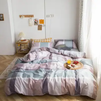 

Pure Cotton Bed Sheet Sets Queen Size Plaid Printed Reactive Housse De Set Lattice Cover Couette Bedding Bed