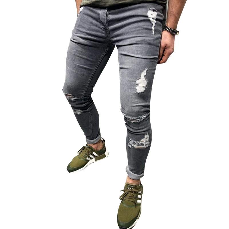 Серые джинсы мужские зауженные стрейч состаренные Рваные Freyed Slim Fit брюки