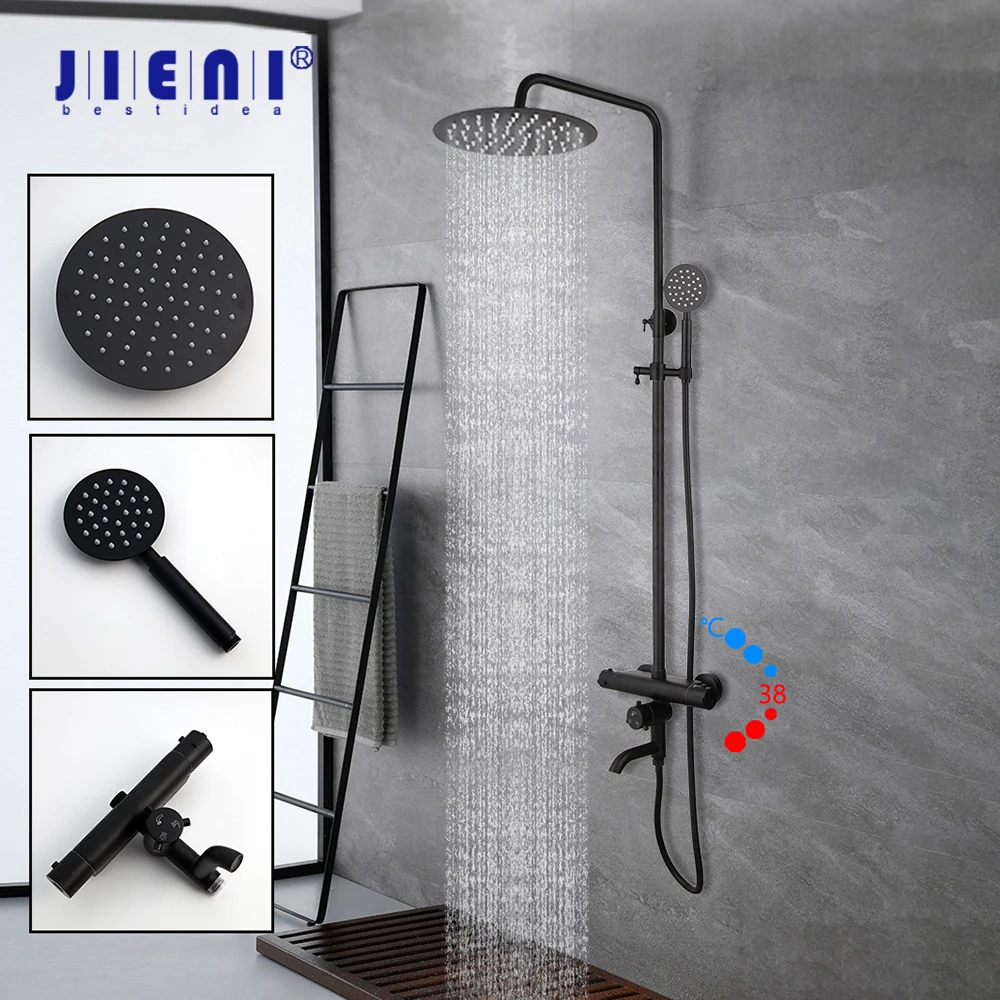 

Матовый черный смеситель для душа JIENI для ванной комнаты, набор с настенным креплением, круглая Регулируемая ручная душевая лейка, Термостатический Температурный набор