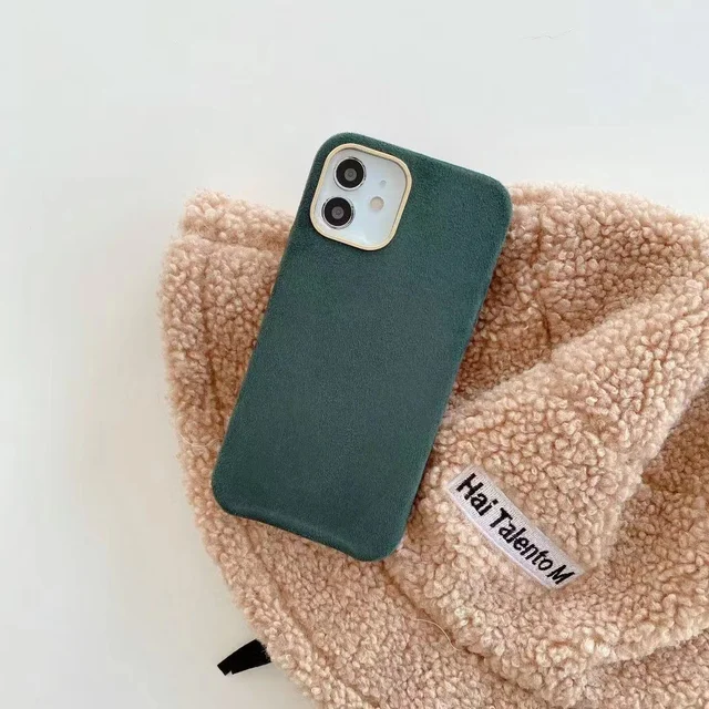 Luxury Warm Suitable For Winter Cashmere Leather Phone Case For iPhone 11 12 13 Pro Max Supercar Interior Business Style Cover Dark Green